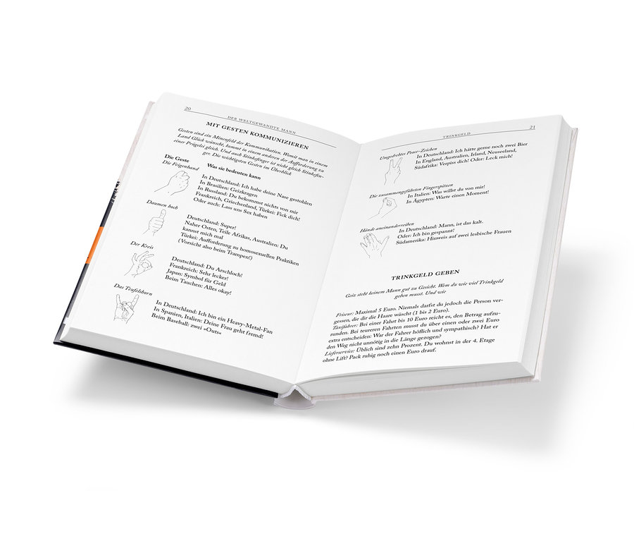 Un livre ouvert intitulé « Alles, was ein Mann können muss » (Tout ce qu'un homme doit savoir) montre des pages sur les gestes et la communication.