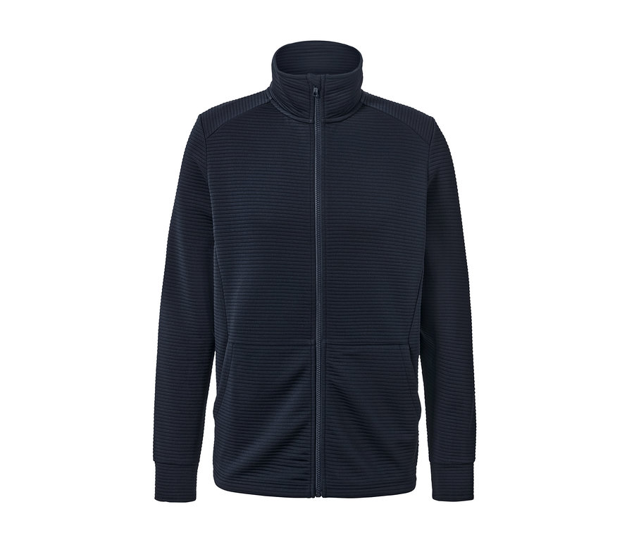 Veste fonctionnelle bleu marine avec fermeture éclair au centre.