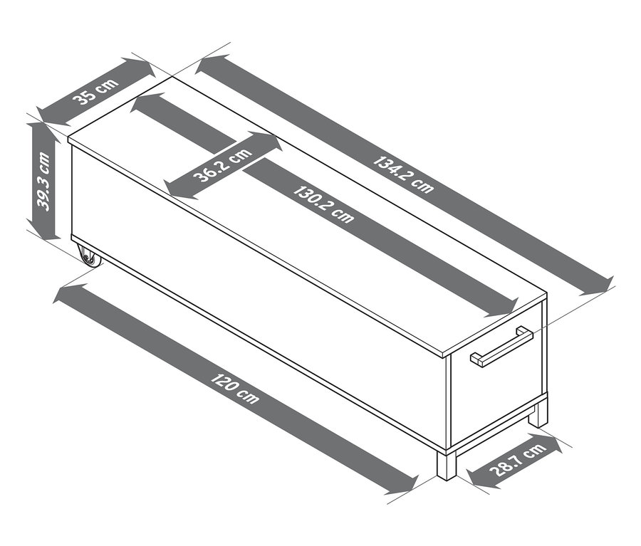 Schéma d'un banc de lit avec fonction coffre et indications de dimensions.