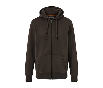 Veste à capuche marron avec fermeture éclair et poches.