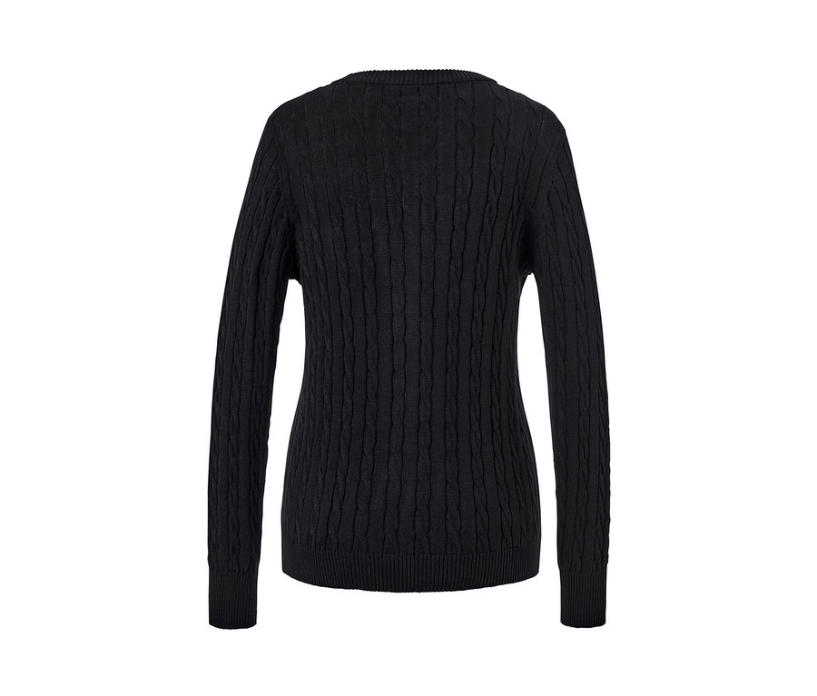 Vue détaillée de l'arrière d'un cardigan noir en maille fine à motif torsadé.