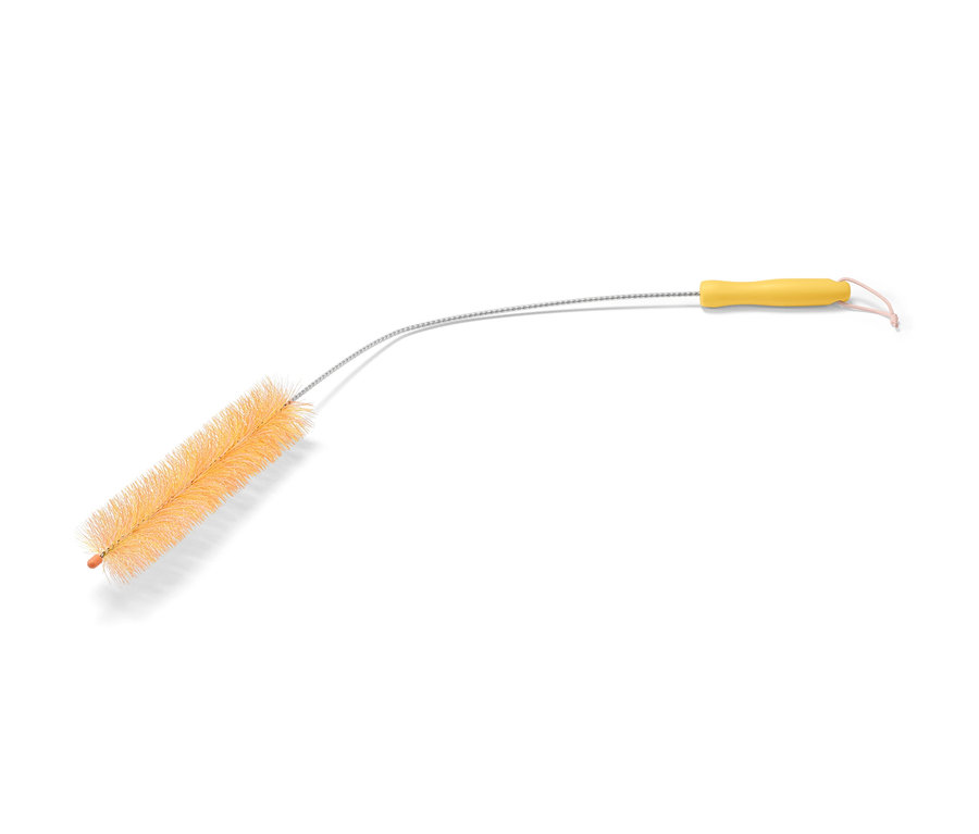 Brosse pour radiateurs avec manche jaune et armature métallique flexible.