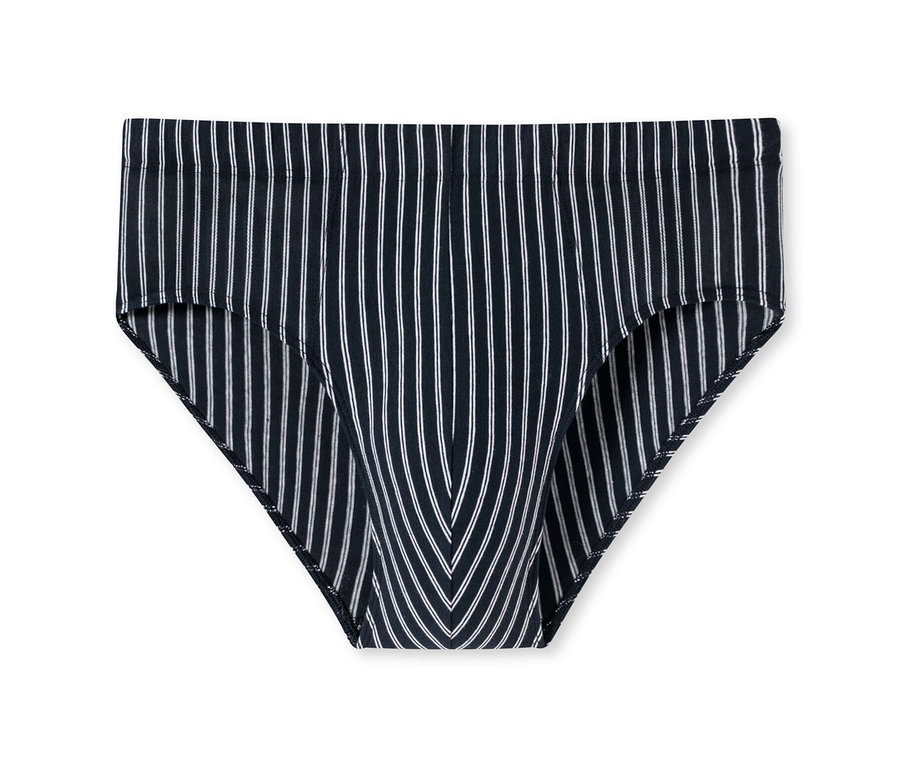 Supermini SCHIESSER bleu foncé avec coton bio rayé blanc sur fond blanc.