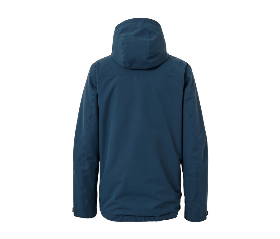 Veste d’extérieur bleu foncé avec capuche et gilet sans manches.