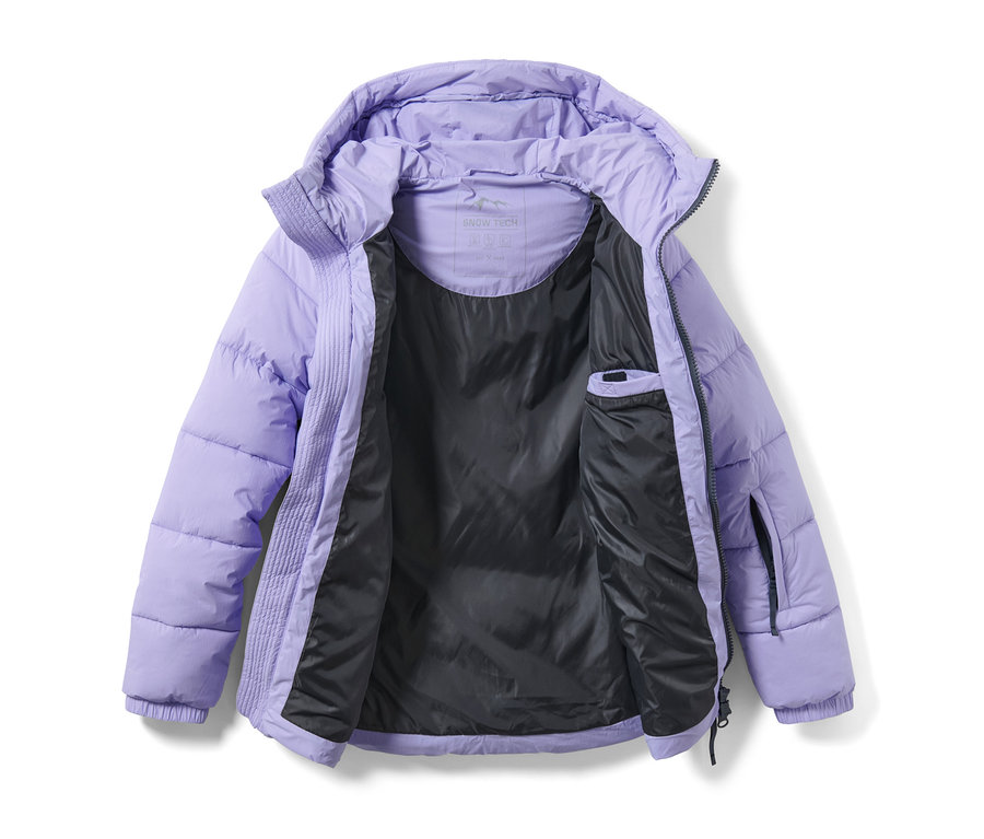 Veste de ski matelassée ouverte violette avec doublure noire.