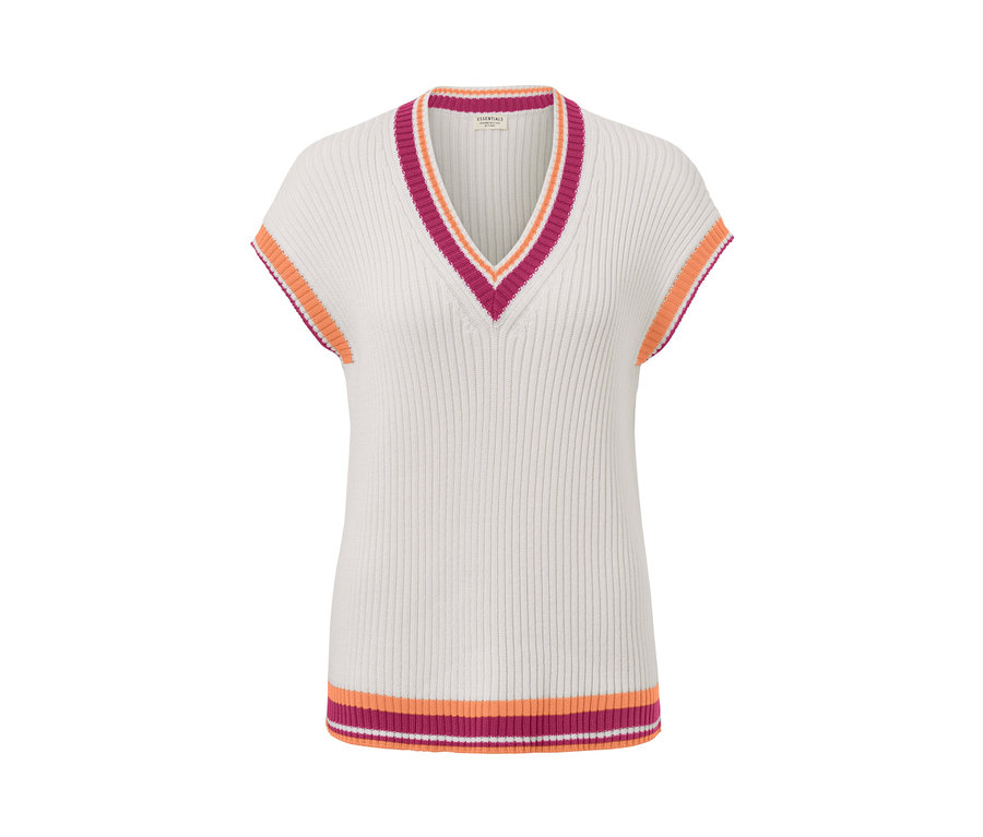 Pull sans manches en maille blanc avec col en V et rayures orange et roses.