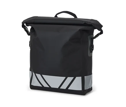 Sacoche imperméable noire à bandoulière pour vélo avec éléments réfléchissants.