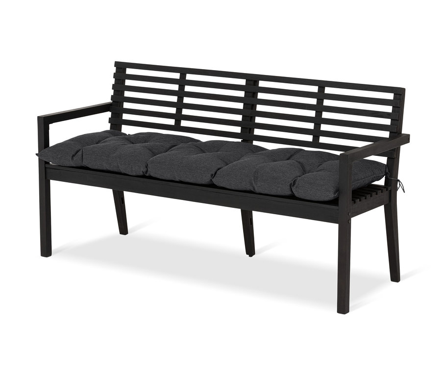 Un banc de jardin noir avec un coussin gris pour banc de jardin d'environ 160 x 50 cm.