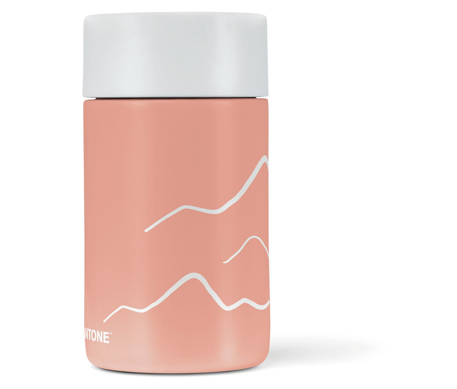 Gobelet to-go Kambukka X Pantone, Muted Clay avec couvercle blanc et motif de montagne.