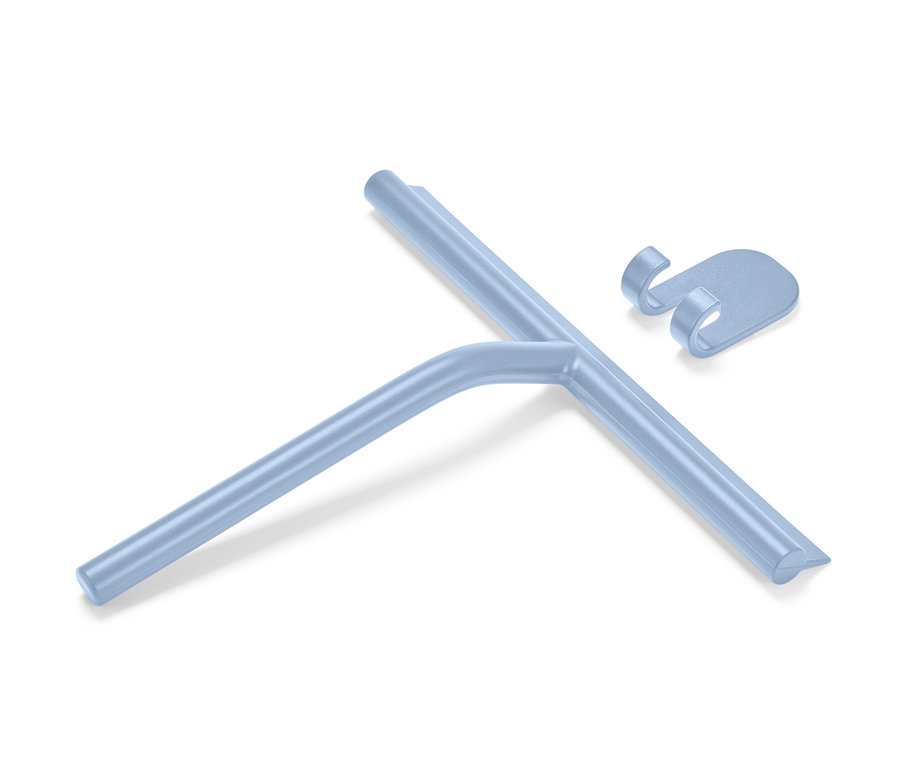 Une raclette de salle de bain bleue avec support mural sur un fond blanc.