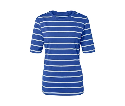 T-shirt bleu à demi-manches avec des rayures blanches.