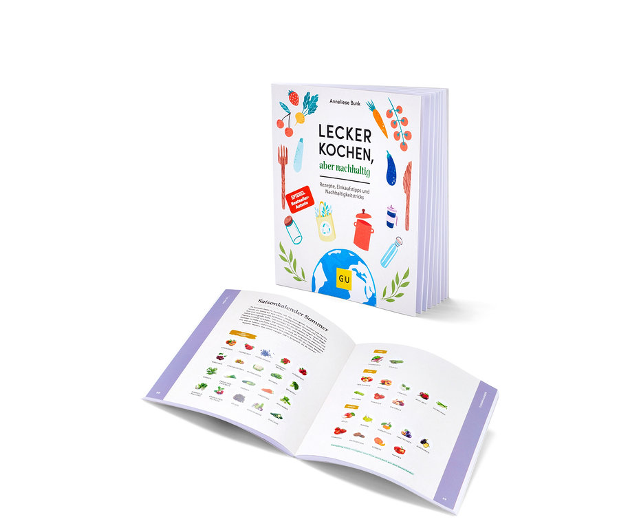 Deux livres de cuisine ouverts « Cuisiner bien, mais durablement » montrent des illustrations et du texte.