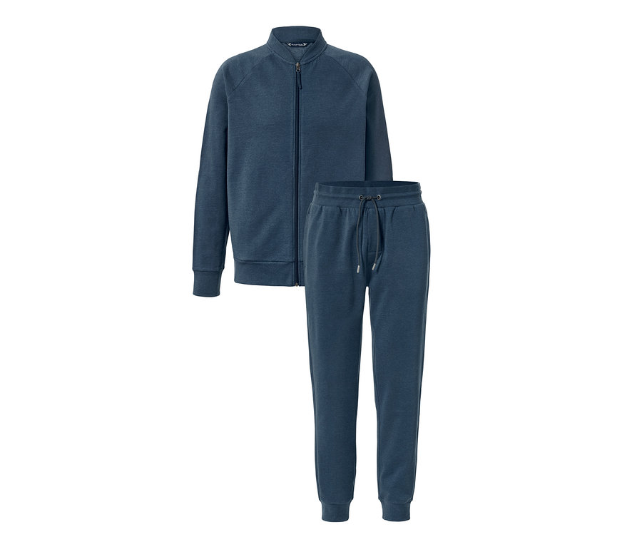 Survêtement d’intérieur bleu avec fermeture éclair et cordon de serrage.