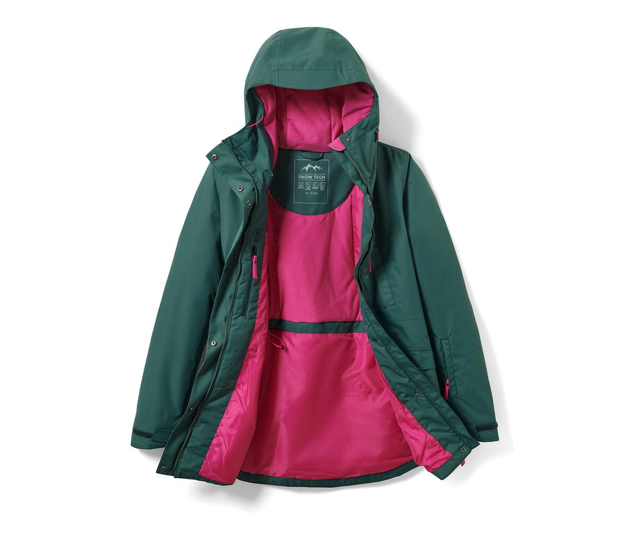Veste de ski et de snowboard ouverte vert foncé avec capuche et doublure rose.