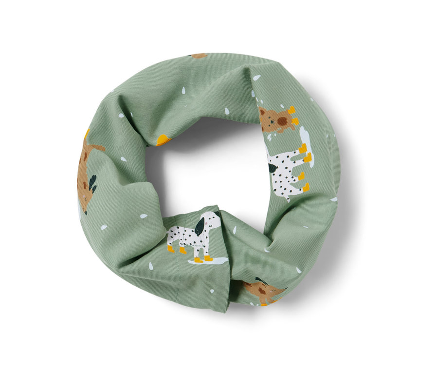 Foulard pour enfant vert avec bande auto-agrippante et motif de chiens.