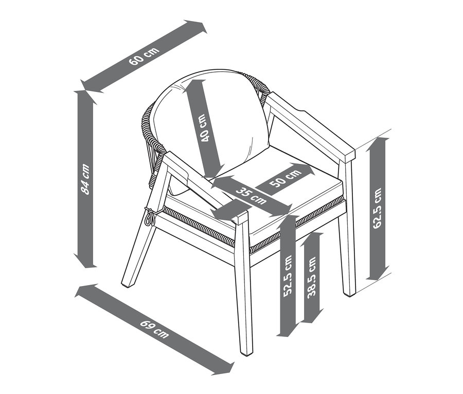 Schéma d'un fauteuil de salle à manger avec dossier arrondi et tressage textile et d'une chaise de salle à manger design avec dimensions.