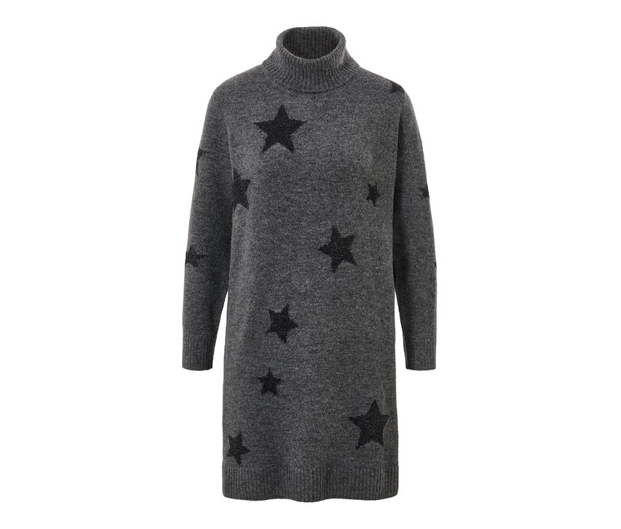 Robe en maille grise à col roulé avec motif étoile.
