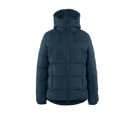Veste de ski matelassée bleu marine avec capuche.
