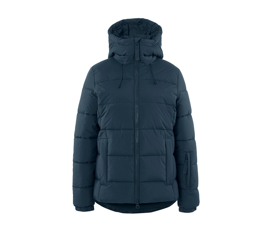 Veste de ski matelassée bleu marine avec capuche.