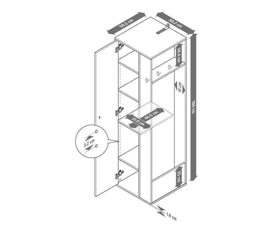 Armoire universelle ouverte avec espace de rangement latéral et dimensions.