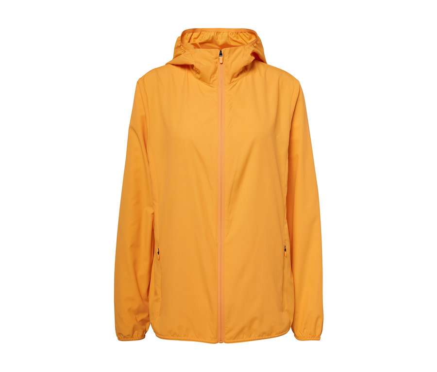 Veste fonctionnelle pliable orange avec fermeture éclair au centre.