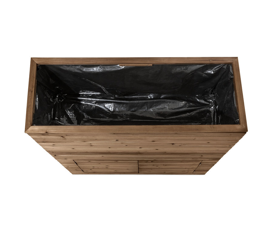 Vue de dessus du séparateur de jardinière « Tinus » avec armoire de rangement et insert noir.