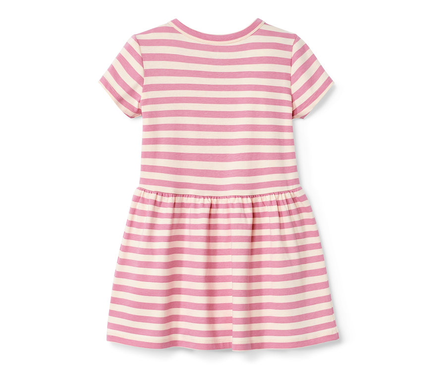 Vue arrière d'une robe en jersey pour bébé avec des rayures roses et crème.