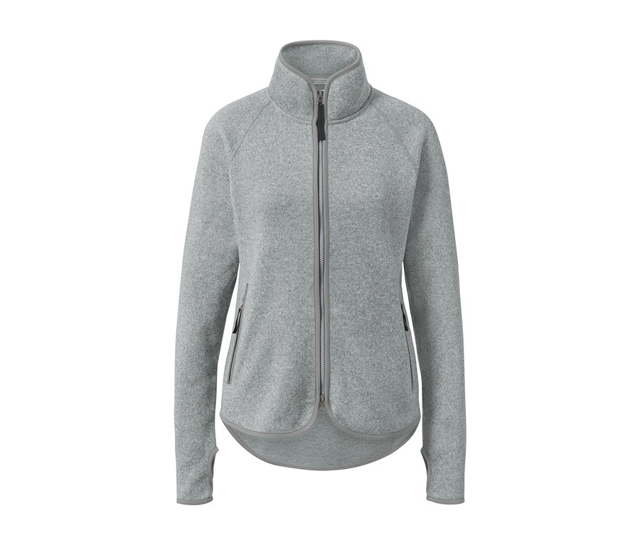 Veste en maille polaire gris clair avec fermeture éclair au centre.
