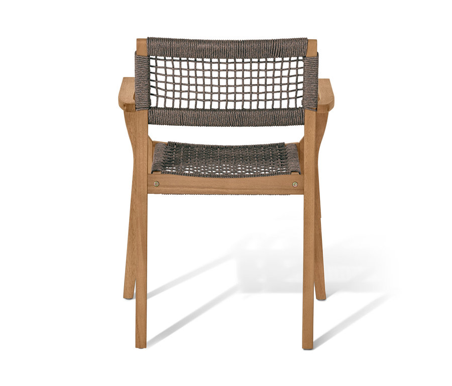 Vue de face d'une chaise de salle à manger empilable avec tissage textile.