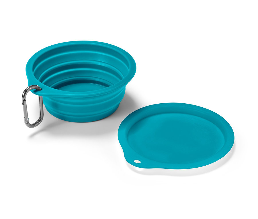 Un bol d'alimentation pliable turquoise et un couvercle reposent sur une surface blanche.
