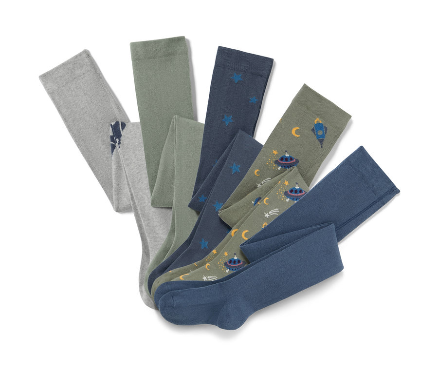 Cinq collants en coton, outerspace, sont étalés.