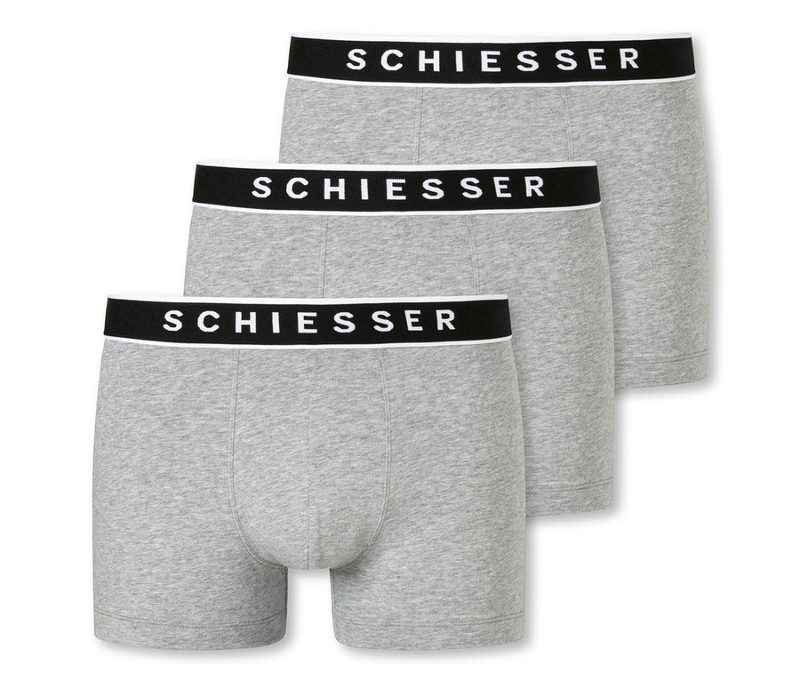 Trois boxers SCHIESSER en coton bio gris chiné en rangée.