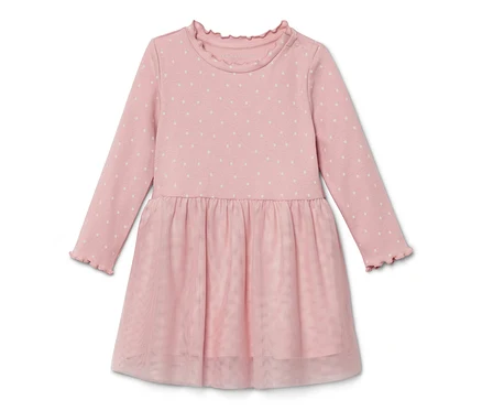 Robe à côtes rose pour enfants avec manches longues et pois blancs.
