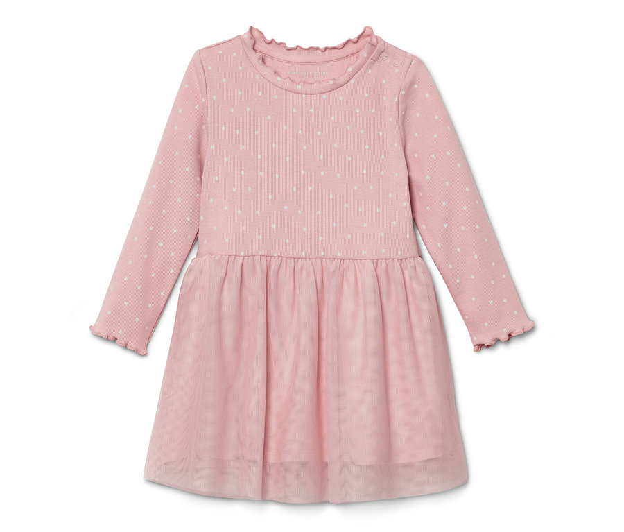 Robe à côtes rose pour enfants avec manches longues et pois blancs.