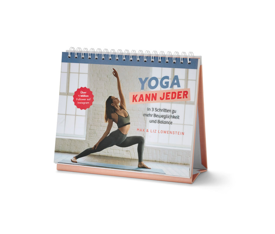 Image d'un calendrier de table avec le livre « Yoga kann jeder » (Tout le monde peut faire du yoga, en allemand).
