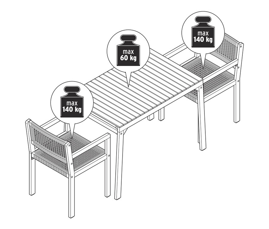 Dessin d'un ensemble de balcon avec textile tissé, une table entre deux chaises.