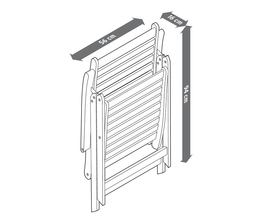Schéma d'une chaise haute en teck avec dossier réglable, 94 cm de haut, 56 cm de large et 16 cm de profondeur.
