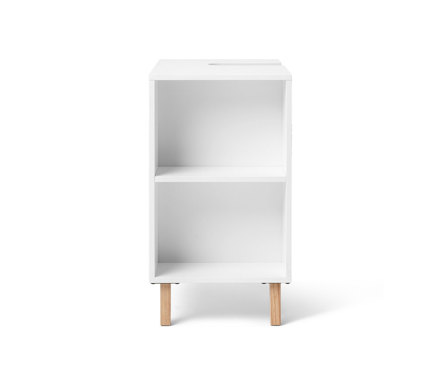 Meuble sous-vasque blanc avec porte et compartiment latéral.