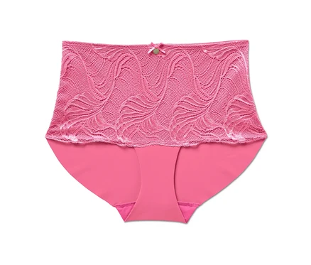 Un panty taille haute « sculptant légèrement la silhouette » rose sur fond blanc.