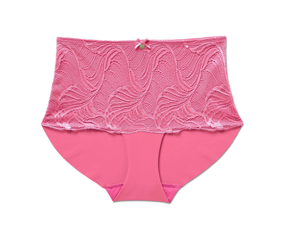 Un panty taille haute « sculptant légèrement la silhouette » rose sur fond blanc.