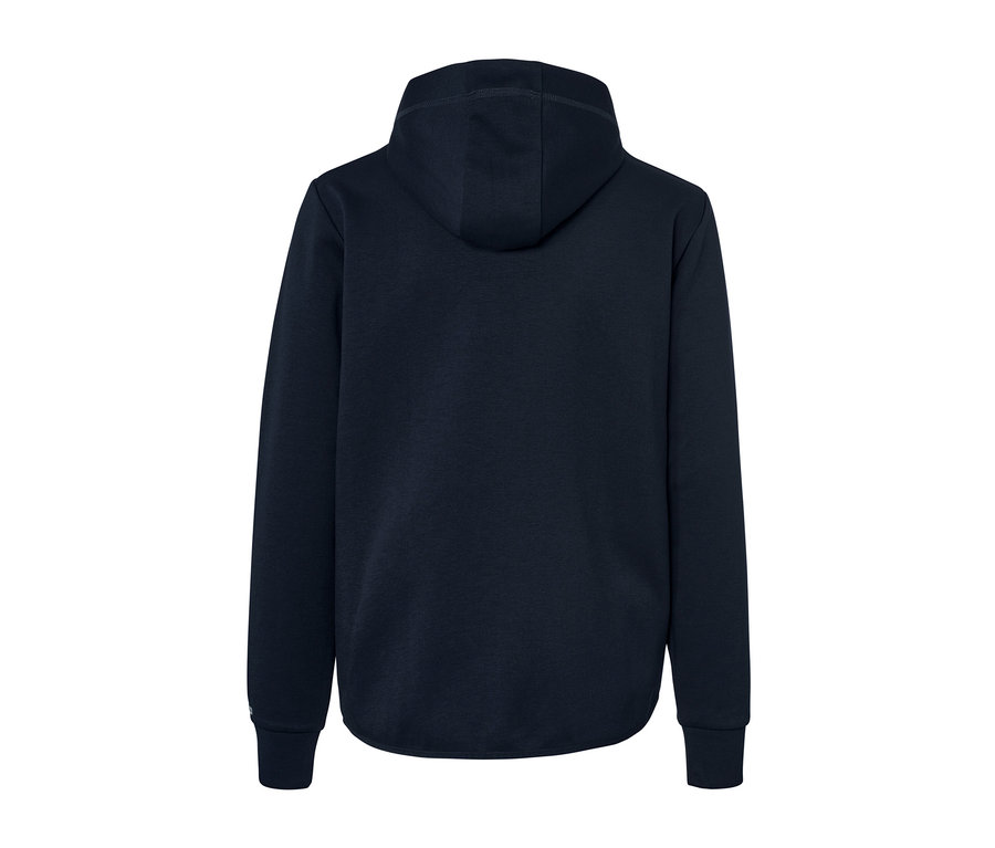 Vue arrière d'une veste technique en sweat bleu marine à capuche.