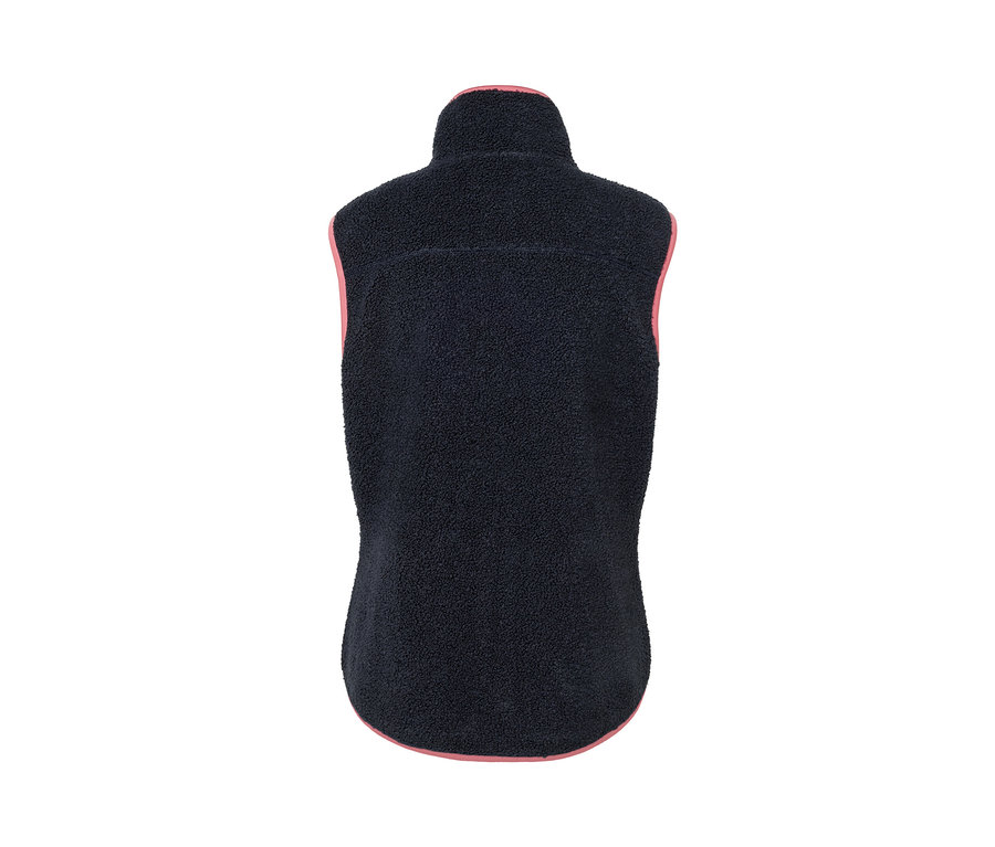 Un gilet sans manches en peluche bleu marine avec une bordure rose.