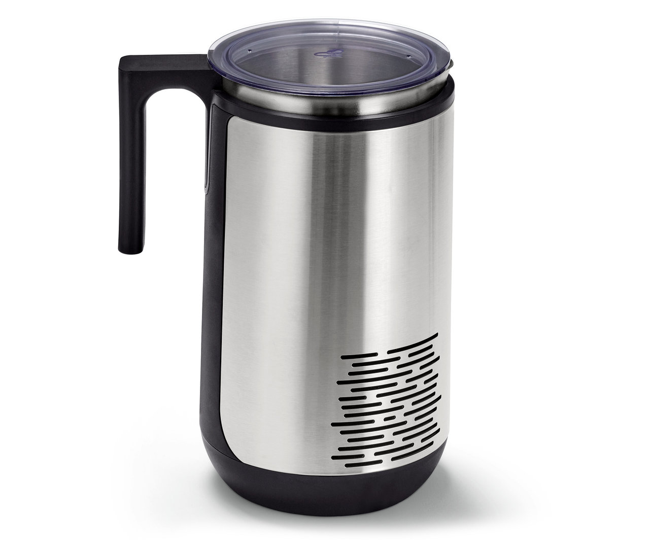 Thermos argenté avec poignée noire et couvercle transparent.