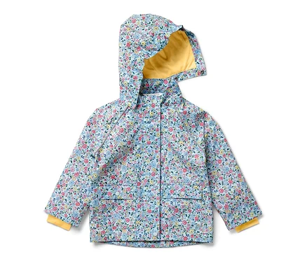 Veste de pluie fleurie pour enfant avec doublure jaune.