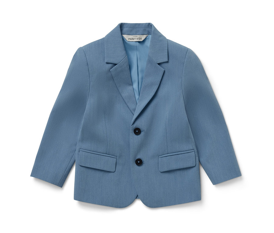 Un veston bleu pour enfant posé sur un fond blanc.