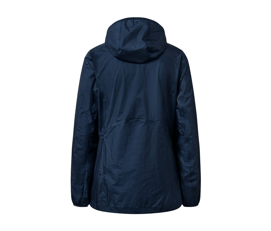 Veste de pluie bleu foncé, pliable, vue de dos.