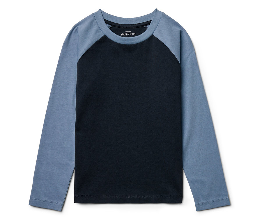 T-shirt bleu à manches longues avec corps noir.