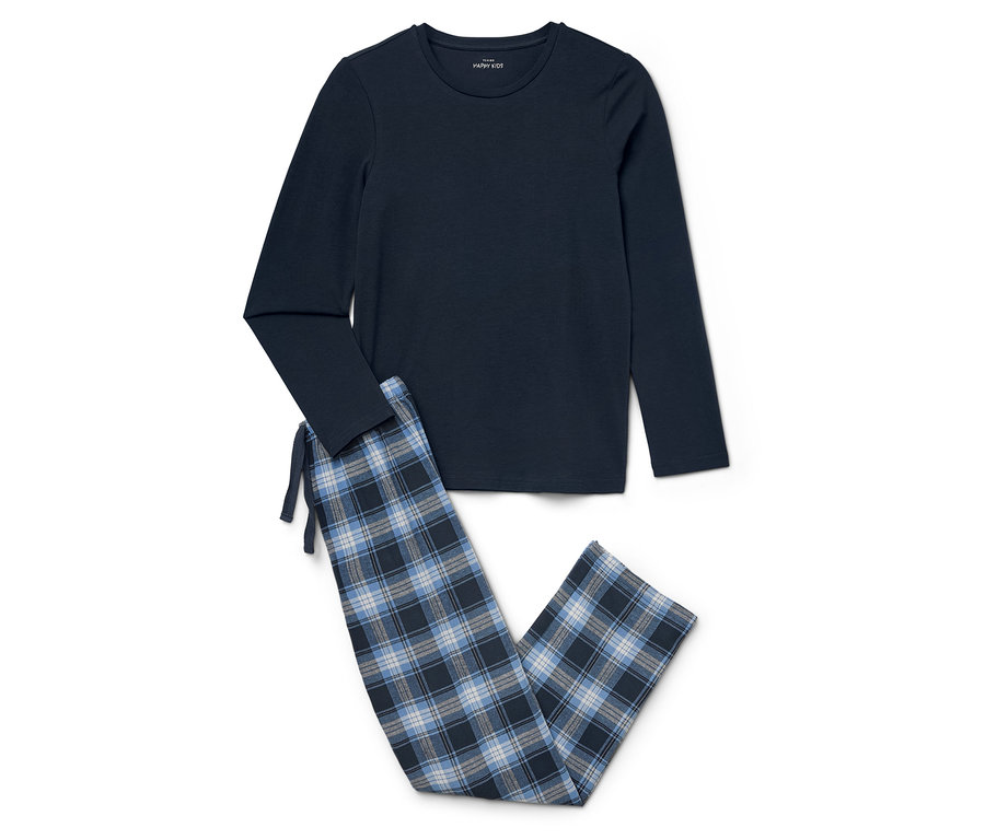 Un pyjama bleu marine avec un pantalon à carreaux posé sur un fond blanc.