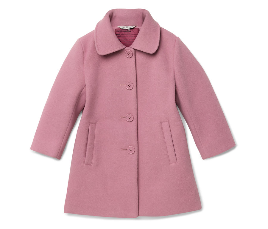 Manteau rose avec col, fermeture boutonnée et poches.