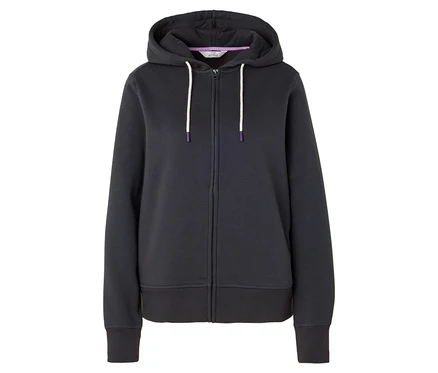 Sweat à capuche zippé bleu foncé avec cordons blancs.
